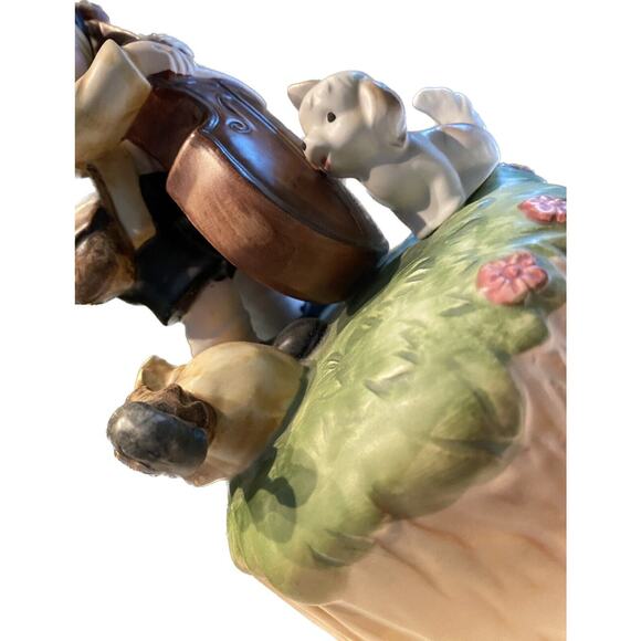 Porcelain Music Box VTG Expressive Boy Playing Cello for Dog Japan Music Decor - Picture 5 of 10
